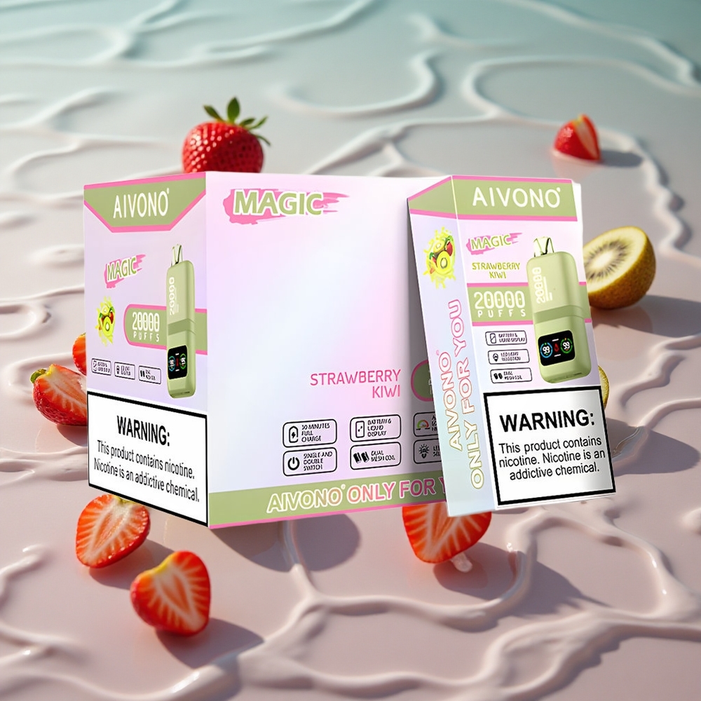 Aivono AIM MAGIC 20000 Puffs Opplagbar Vape jordbær kiwi med LCD-skjerm og Type-C-lading