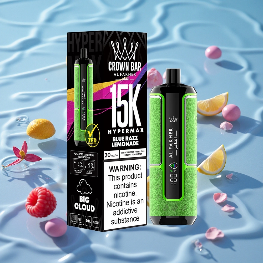 Al Fakher Crown Bar 15K Hypermax Engangs Vape Kit Blå Bringebær Sitronade med Type-C Lading