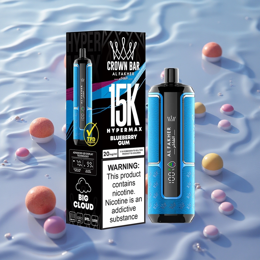 Al Fakher Crown Bar 15K Hypermax Engangs Vape Kit Blåbærtyggegummi med 22ml E-væske og 15,000 Puffs