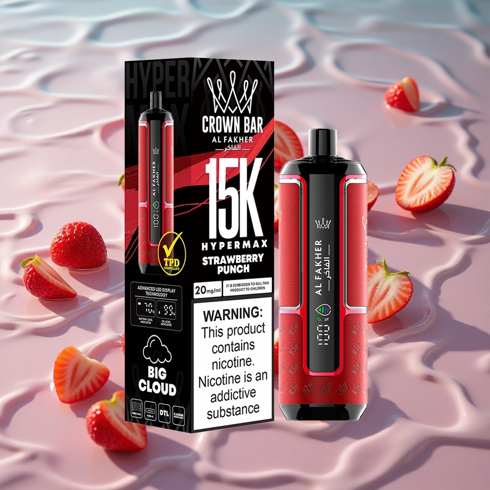 Al Fakher Crown Bar 15K Hypermax Engangs Vape Kit Jordbær Punch med 15000 Puffs og Type-C Lading