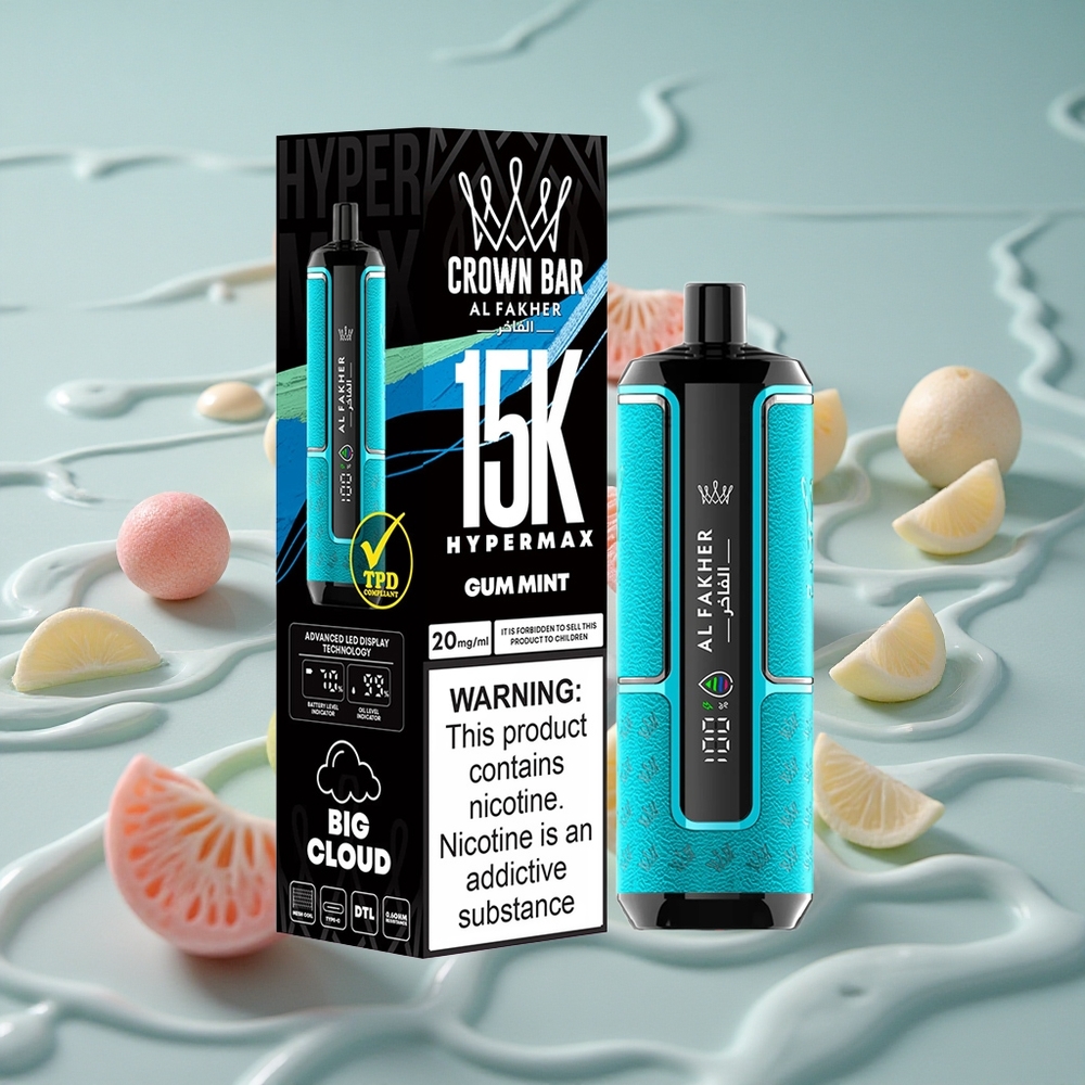 Al Fakher Crown Bar 15K Hypermax Engangs Vape Kit Tygge-Mynte med 15000 Puffs og Type-C Lading