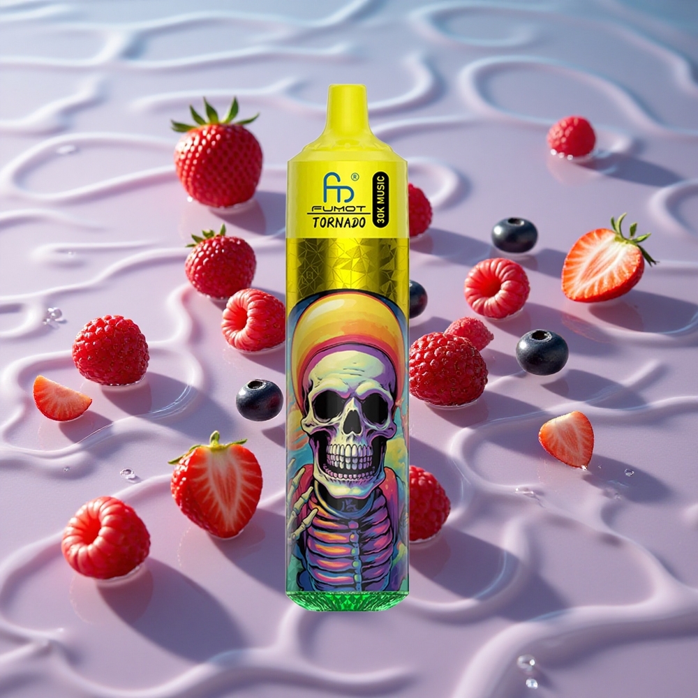 Fumot RandM Tornado 30000 Puffs Jordbær Blåbær Bringebær med 30mL fylt væske og 600mAh ladbart batteri