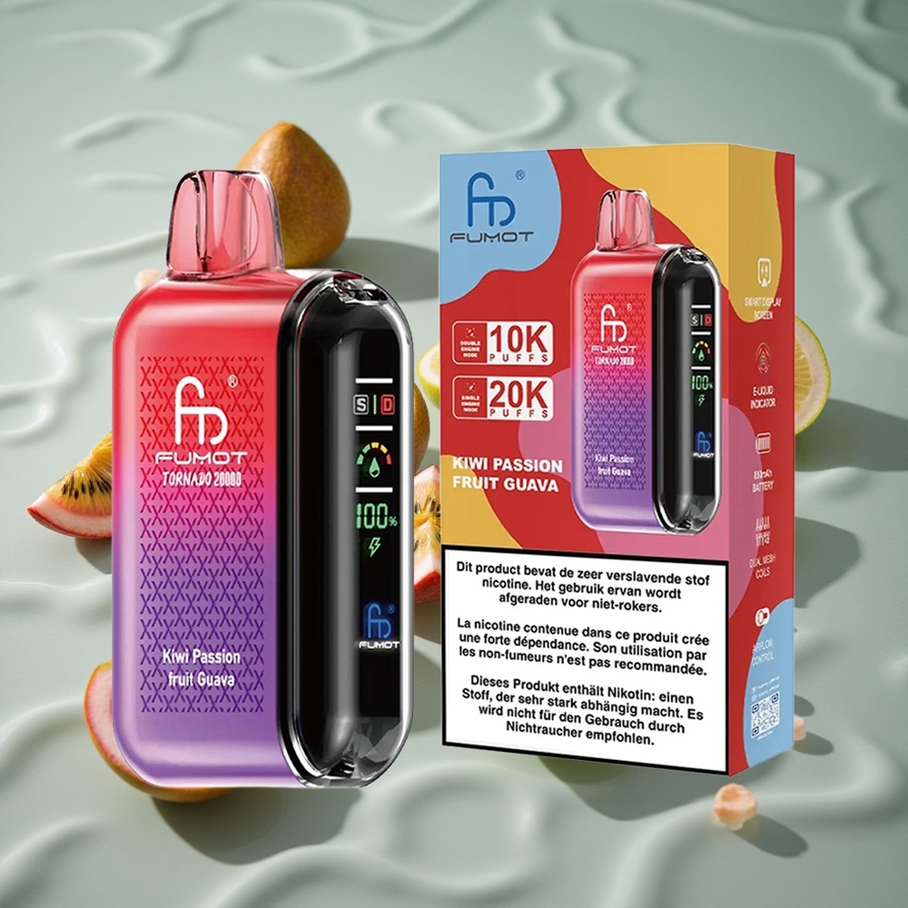 Fumot Tornado 20000 Puffs Engangs Vape Kiwi Pasjonsfrukt Guava med Smart Skjerm og Luftstrømningskontroll