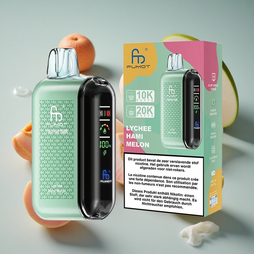 Fumot Tornado 20000 Puffs Engangs Vape Lychee Hami Melon med Smart Display