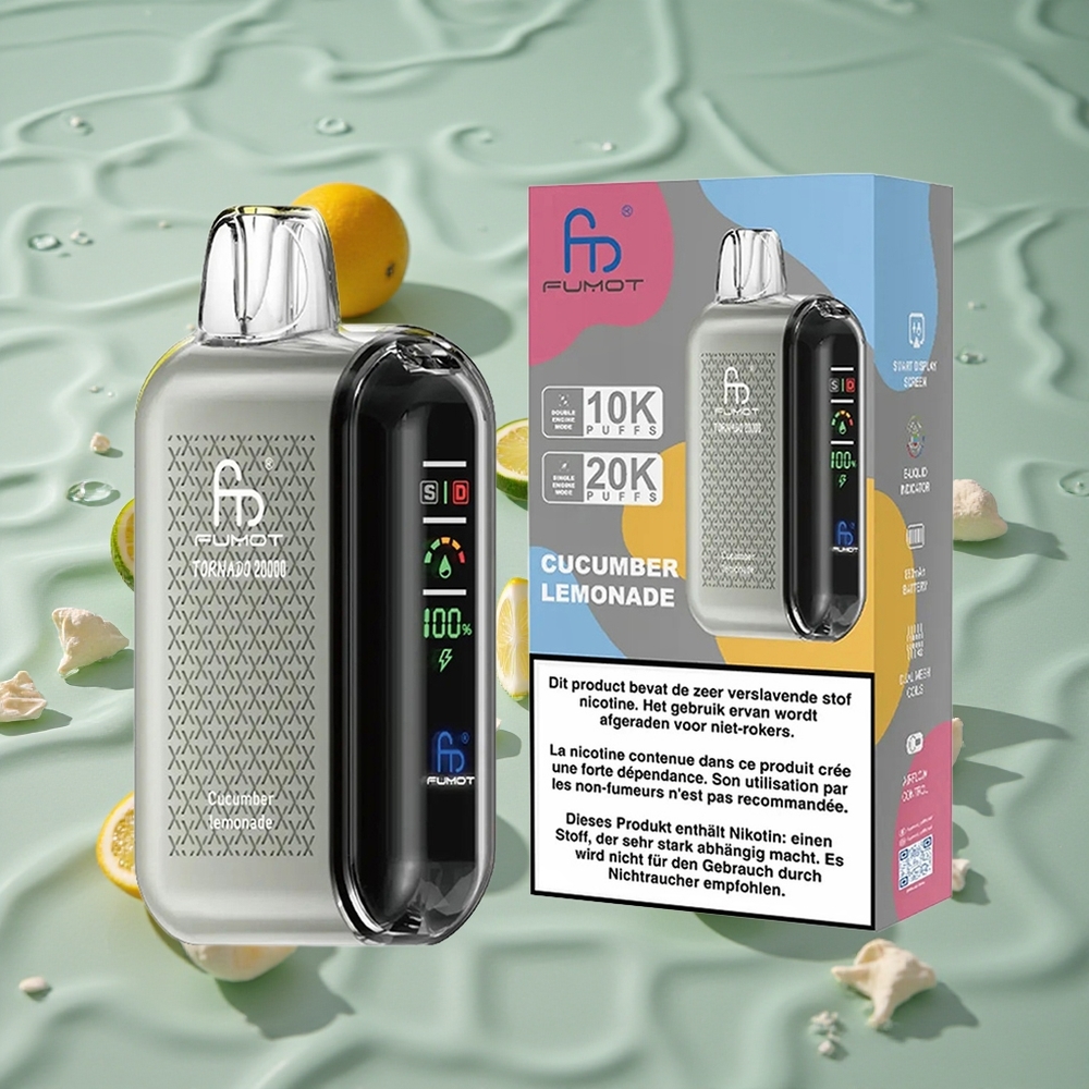 Fumot Tornado 20000 Puffs Oppladbar E-damp Agurk Sitronade med Smart Display