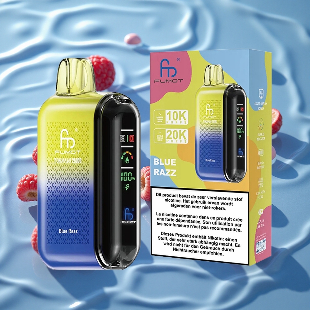 Fumot Tornado 20000 Puffs Oppladbar E-damp Blå Bringebær med Smart Skjerm