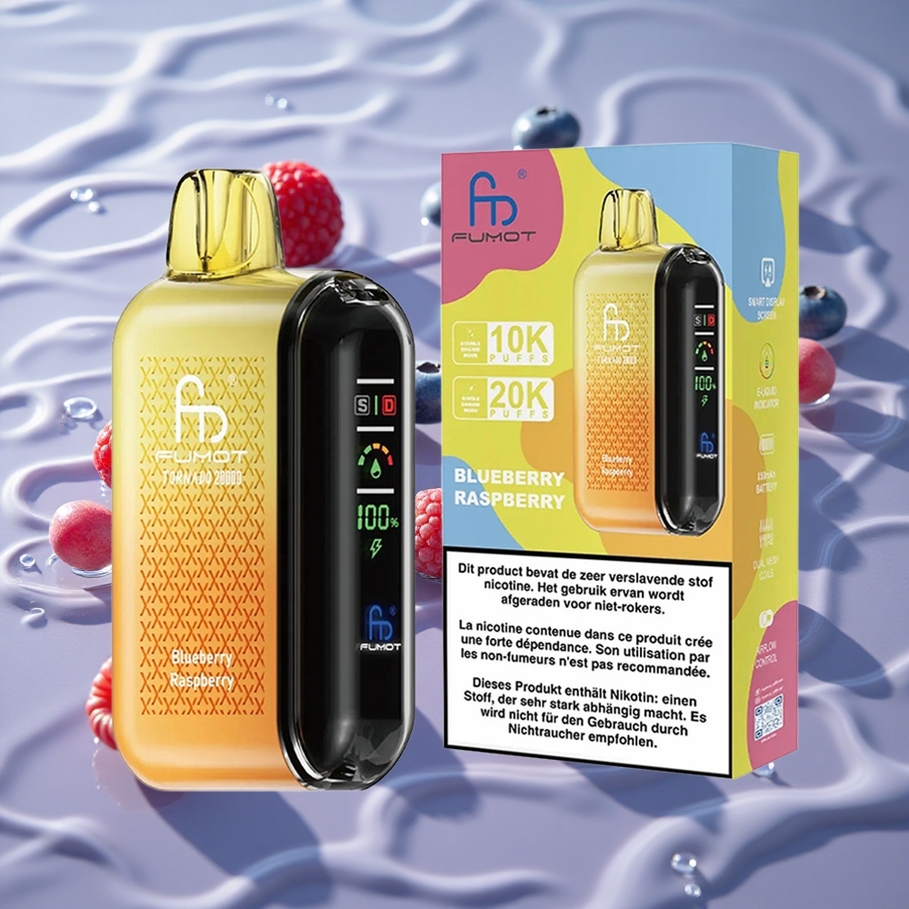 Fumot Tornado 20000 Puffs Oppladbar E-damp Blåbær Bringebær med Smart Skjerm