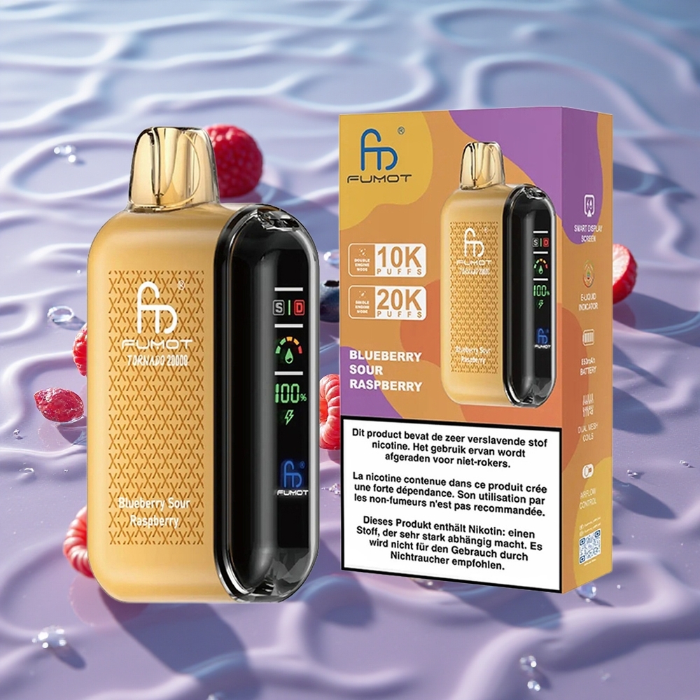 Fumot Tornado 20000 Puffs Oppladbar E-damp med Blåbær og Sur Bringebær og Smart Skjerm