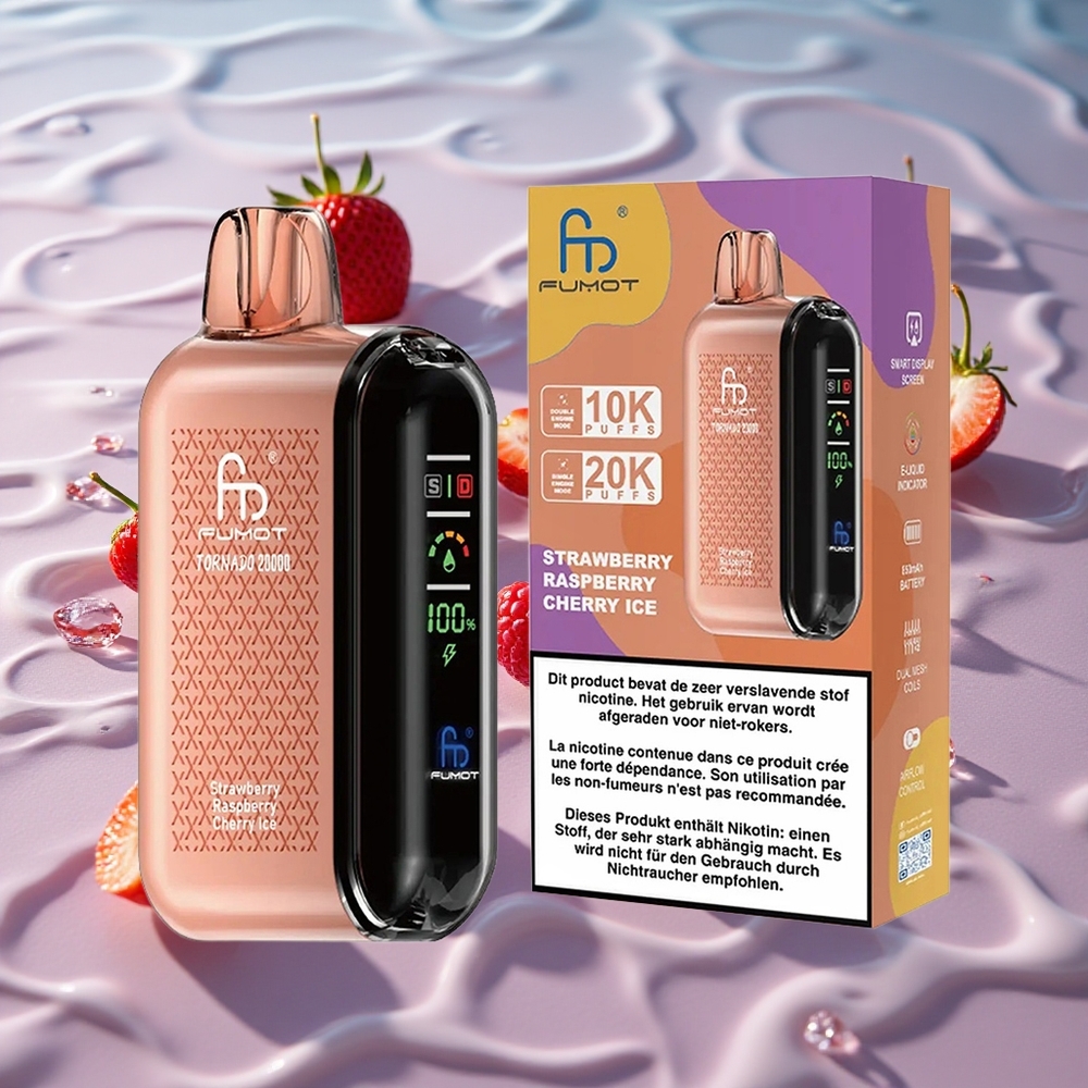 Fumot Tornado 20000 Puffs Oppladbar E-sigaret Jordbær Bringebær Kirsebær Is