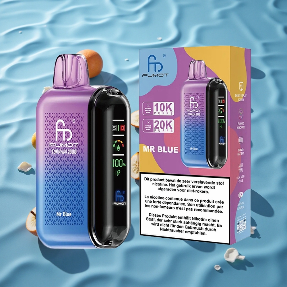 Fumot Tornado 20000 Puffs Oppladbar E-sigarett med Smart Display Herr Blå