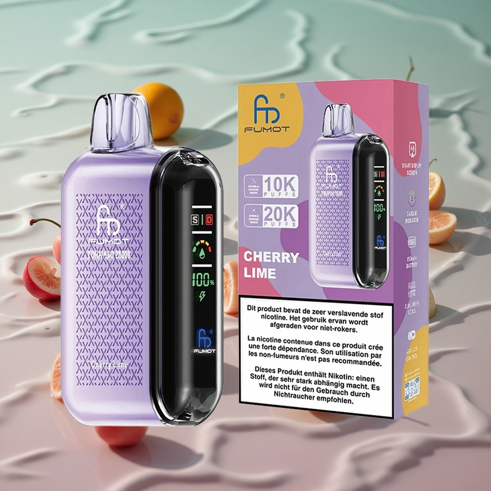 Fumot Tornado 20000 Puffs Oppladbar E-sigarett med Smart Skjerm Kirsebær Lime