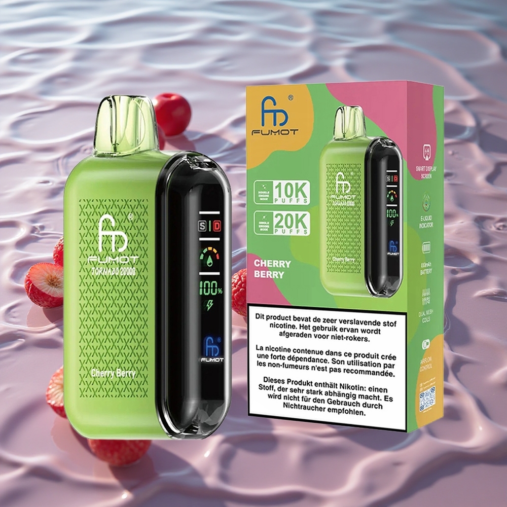 Fumot Tornado 20000 Puffs Oppladbar Med Smart Display Kirsebær & Bær
