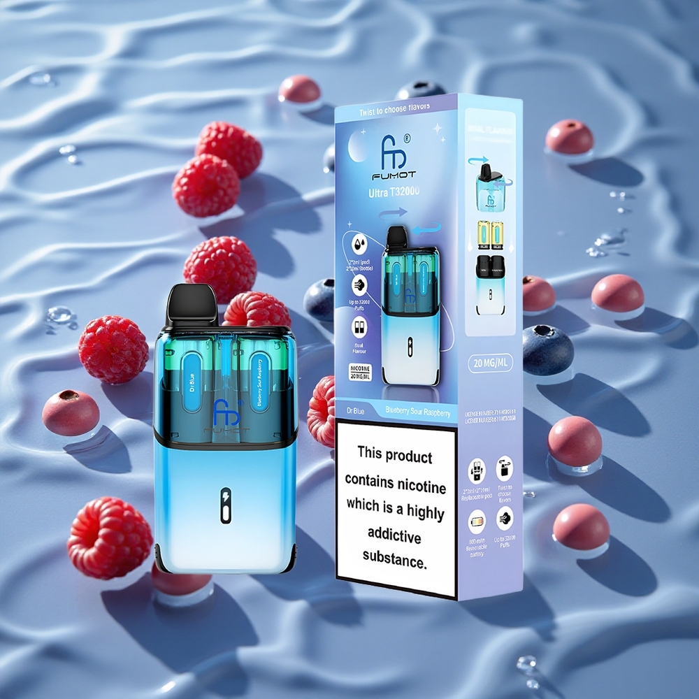 Fumot Ultra T32000 Engangs Vape Dr Blå - Blåbær Sur Bringebær med 32000 Sug og Type-C Hurtiglading